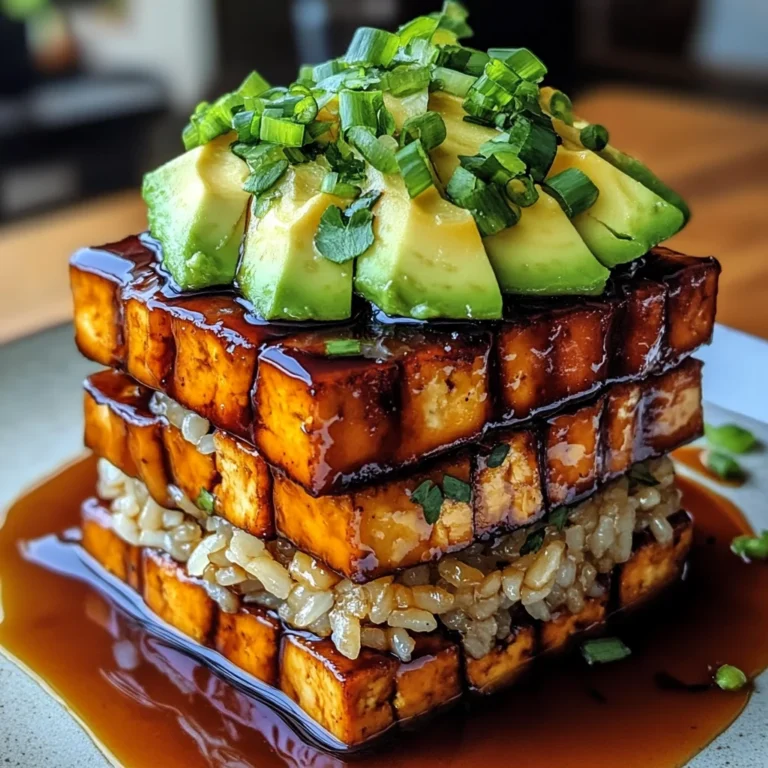 Crispy Teriyaki Tofu and Avocado Rice Stack