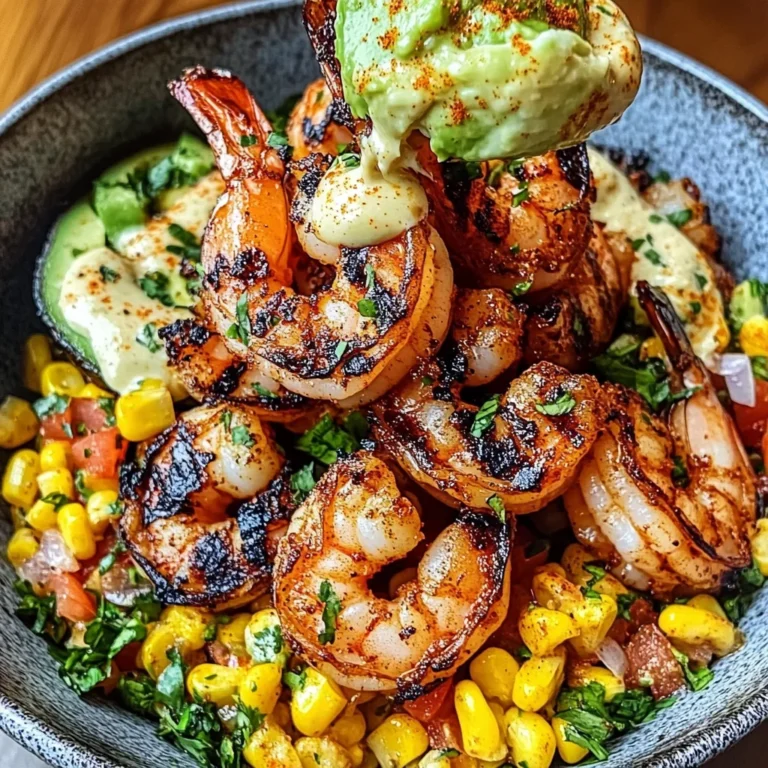 Grilled Shrimp Bowl with Avocado, Corn Salsa & Creamy Sauce