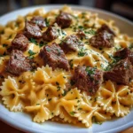 Beef and Bowtie Pasta in Cheddar Sauce