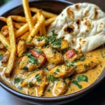 Coconut Chicken Curry with Crispy Fries and Warm Naan