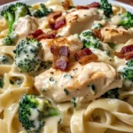 Creamy Chicken Bacon Fettuccine Alfredo with Spinach & Broccoli