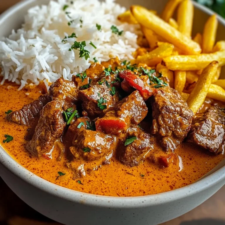 Creamy Coconut Curry Beef with Rice and Fries