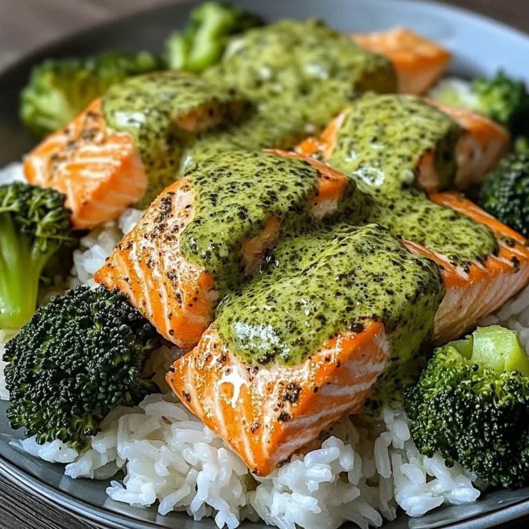 Creamy Pesto Salmon with Broccoli & Rice