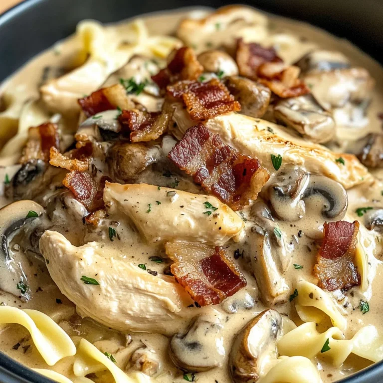 Creamy Slow Cooker Chicken Bacon Stroganoff with Mushrooms & Herbed Noodles