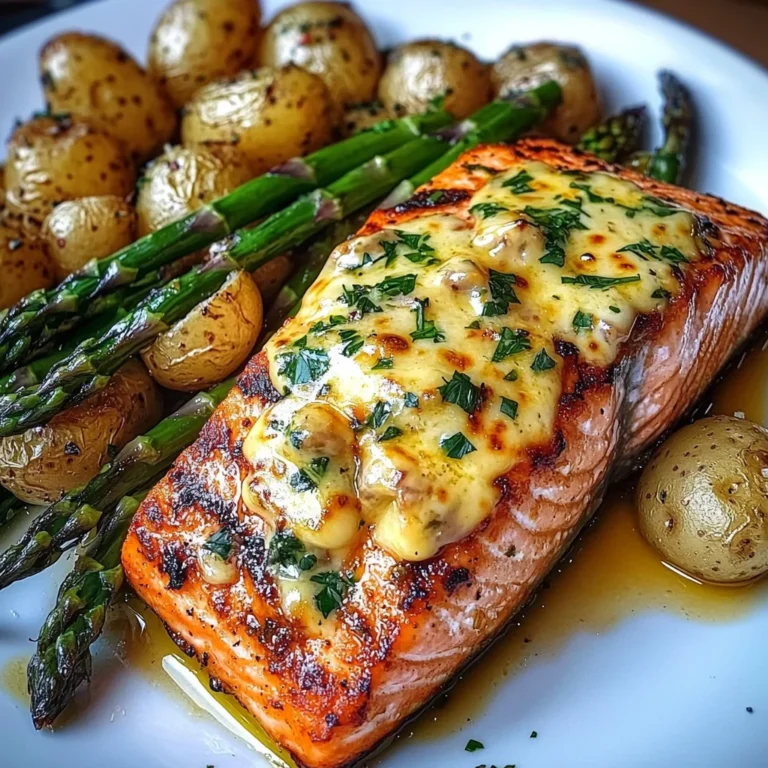 Grilled Salmon with Garlic Potatoes & Cheesy Asparagus