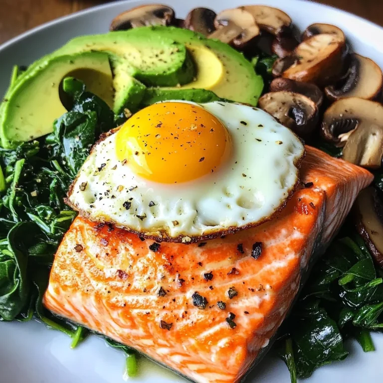 Pan-Seared Salmon with Sunny Egg, Sautéed Spinach, Mushrooms & Avocado