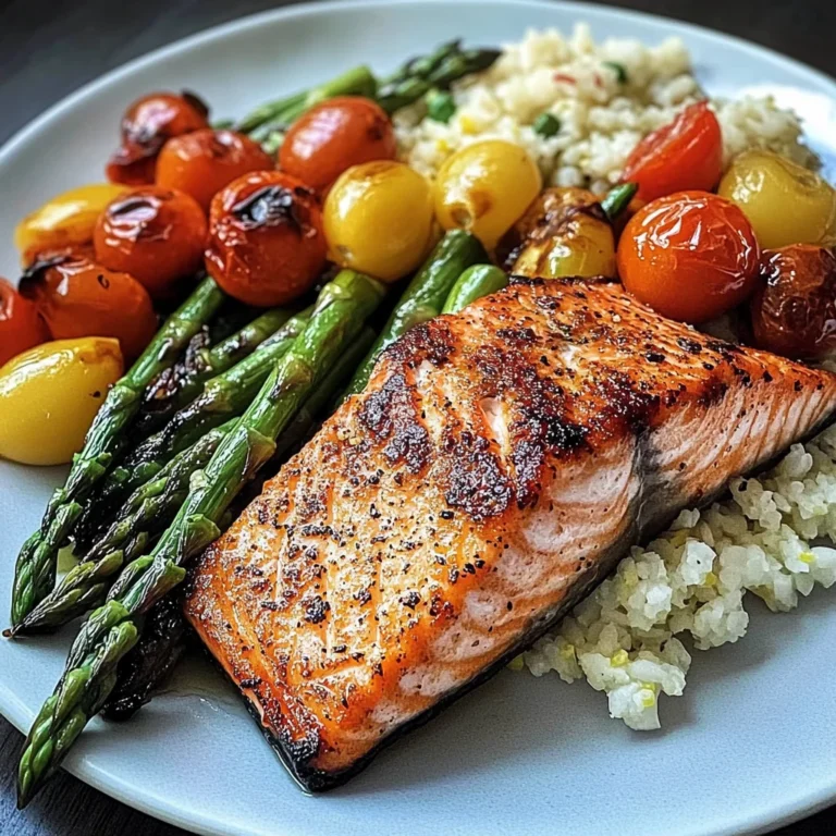 Seared Salmon with Asparagus, Cherry Tomatoes & Cauliflower Rice