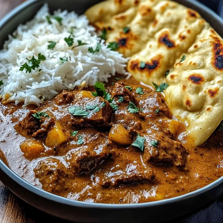 Slow-Cooked Beef Curry in Coconut Gravy with Toasted Garlic Naan