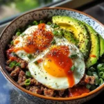 Spicy Avocado & Beef Protein Bowl with Fried Eggs