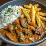 Slow-Cooked Beef Coconut Curry with Rice & Crispy Fries