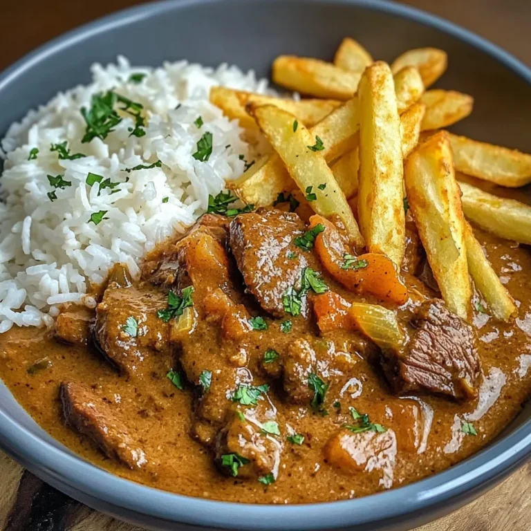 Slow-Cooked Beef Coconut Curry with Rice & Crispy Fries